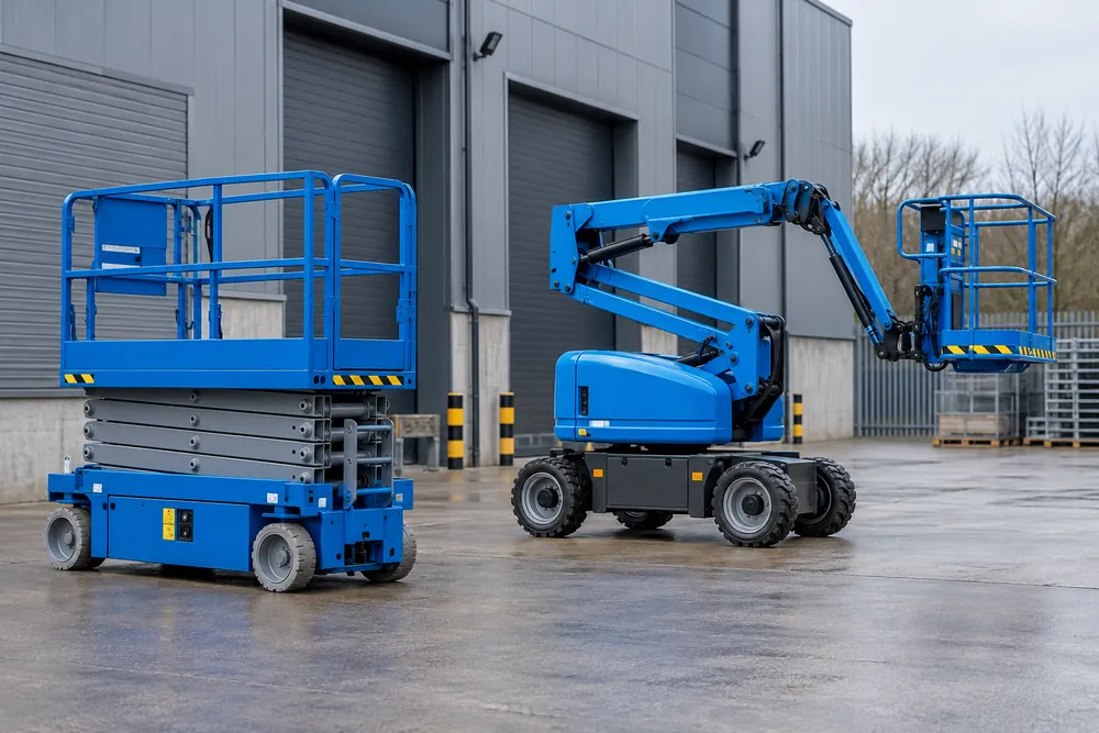 Lowered scissor lift and articulated boom parked in an industrial yard