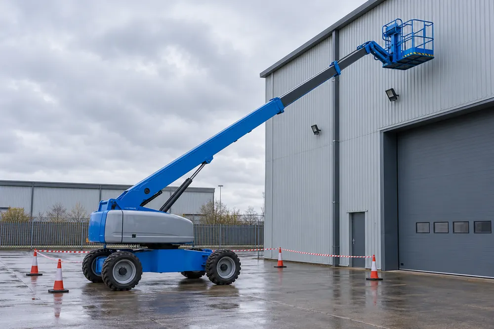 Telescopic boom platform reaching the elevation of an industrial building