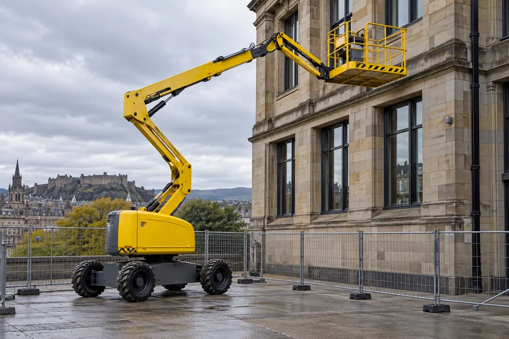 Yellow articulated cherry picker positioned beside a stone commercial façade