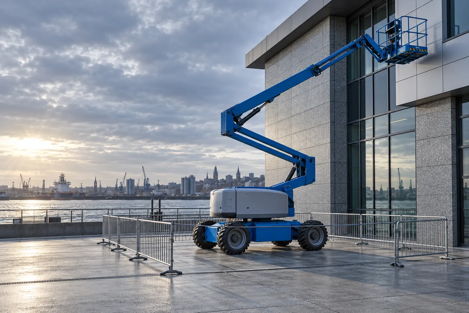 Blue articulated access platform beside a granite and metal-clad commercial building
