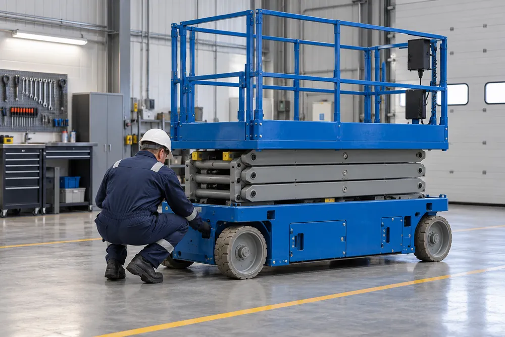 Engineer inspecting a lowered scissor lift in a maintenance workshop