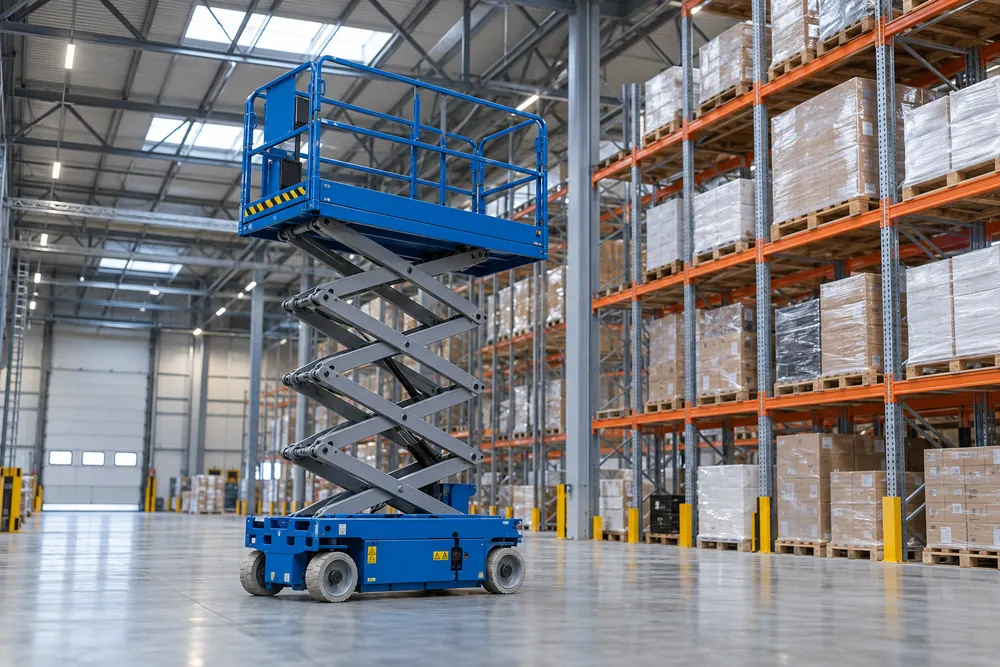 Blue electric scissor lift raised in a clear warehouse aisle
